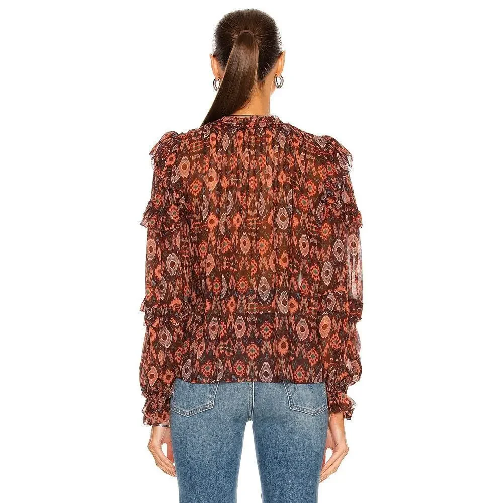 Ulla Johnson Miray Silk Horizon Long Sleeve Ruffle Trim Blouse Garnet Women's 2 - Picture 2 of 14